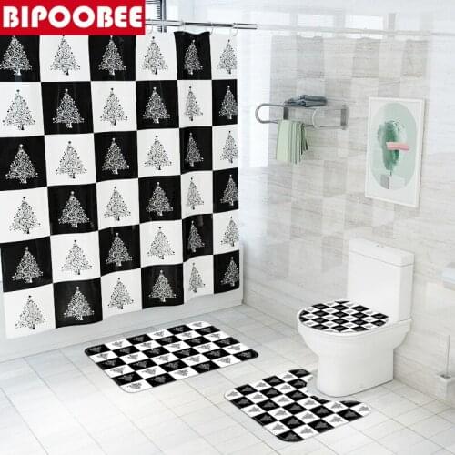 Black White Lattice Christmas Tree Print Shower Curtain Bathroom Curtains Durable Pedestal Bath Mat Toilet Cover Non-slip Carpet