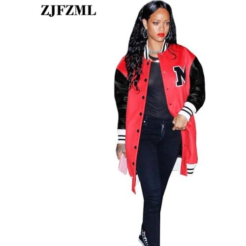 Contrast Color M Letter Print Casual Long Jacket Women Single-breasted Full Sleeve Loose Outwear Hip Hop Dance Sportswear Coats
