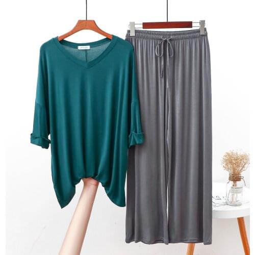 New two-piece suit womens summer thin ice silk short-sleeved T-shirt v-neck thin top drape loose casual wide-leg pants