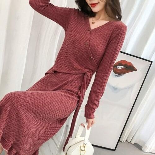 Women Dress Autumn 2019 Lace Up WomenS Asymmetric Dresses V Neck Long Knitwear Dress Korean Fashion Knit Dress Autumns DD1800
