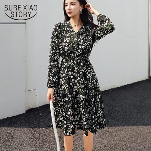 New Retro High Waist for Short-height Girl Floral Women Dress Casual Long Sleeve V-neck Mid-calf Midi Dress Vestidos 8666 50