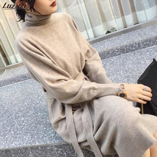 Luzuzi Sweater Long Dress With Sashes Women Knitted Turtleneck Dress Autumn Winter Warm Female Loose Midi Vestidos Dresses