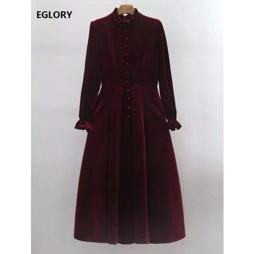 Top Quality Velvet Dress 2020 Winter Vintage Party Women Ruffled Collar Tunic Buttons Pocket Patchwork Long Sleeve Dress Runway