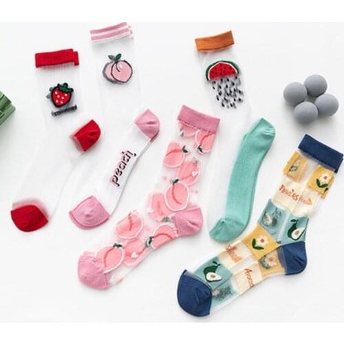 1Pair Japanese Korea Style Fruits Socks Womens Casual Creative Transparent Silk Trend Fruit Print Ultrathin Glass Silk Socks