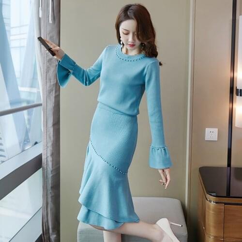 2021 New Autumn Spring Fashion Two Piece Set Women Sweater Pullover Knitwear And Split Slim Knit Mid Skirt Women Elegant Suits