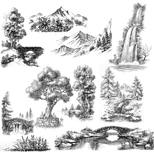 AZSG Natural Trees/Bridge/River/Waterfall Clear Stamps For DIY Scrapbooking/Card Making/Album Decorative Silicone Stamp Crafts