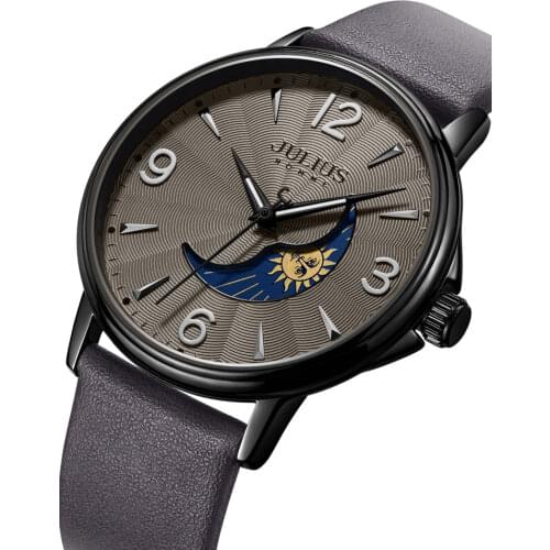 Real Sun&Moon Function Mens Watch Hours Japan Mov't Clock Business Bracelet Real Leather Sport Boys Birthday Gift Julius Box