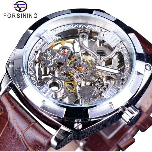 Forsining 2018 Silver Skeleton Clock Brown Genuine Leather Water Resistant Automatic Self-winding Watches for Men Sports Watches