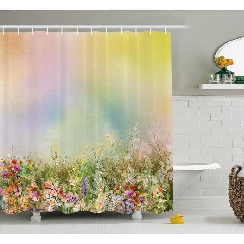 Watercolor Flower Home Shower Curtain Cosmos Daisy Cornflower Wildflower Dandelion in Floral Meadow Scene Bathroom Curtains