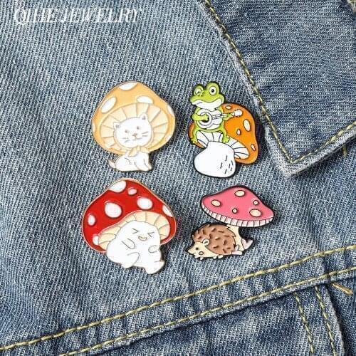 QIHE Jewelry Mushroom Woodland Elf Enamel Pins Hedgehog Badges Guitar Frog Cute Brooches Badges Cartoon Gifts for Friends