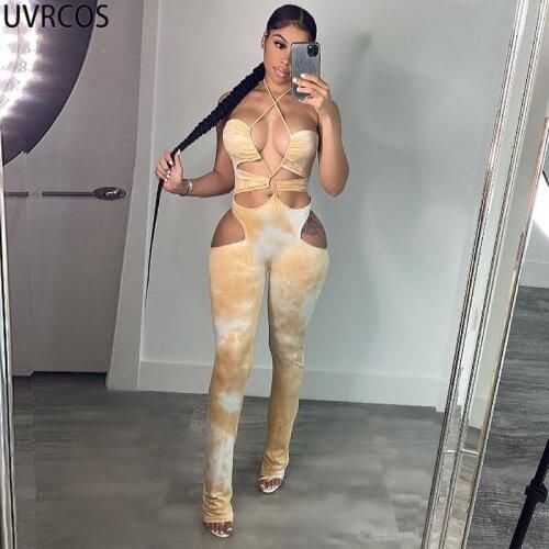 UVRCOS Wholesale Items One Piece Overalls Night Club Jumpsuits Summer New Trend Tie Dye Off Shoulder Lace Up Sexy Cut Out Outfit