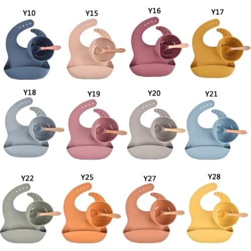 3pcs Baby Feeding Set Silicone Tableware Kids Waterproof Bib Bowl Spoon Dishes