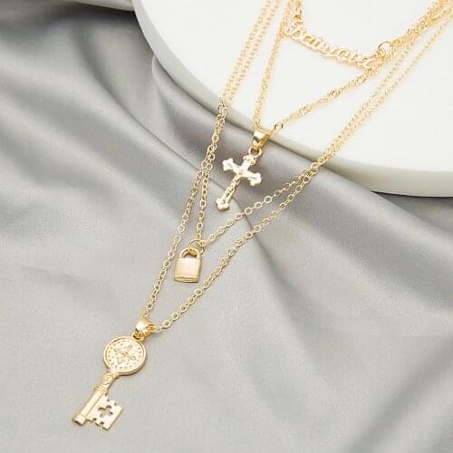 Fashion Multilayer Round Key Cross Pendant Necklace For Women Girls Fashion Hip Hop Geometric Charms Choker Jewelry Party Gifts