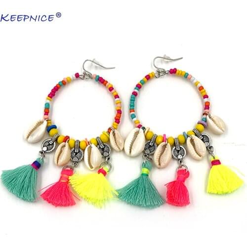 New handmade Long fringe cotton tassel charm earrings Bohemia ethnic party earrings shell pendants chandelier Gypsy earrings