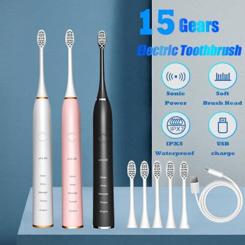 Rechargeable toothbrush with timed sonic cleaning, 5/15 mode, 2 brush heads, adult electric toothbrush for whitening