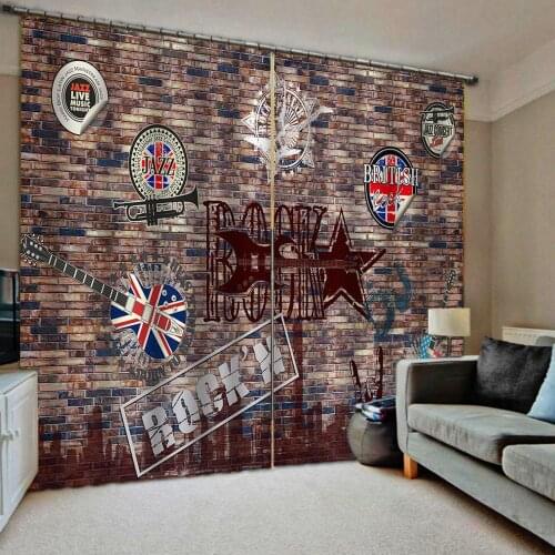 Custom Music Decor Vintage Guitar pattern on Brick Wall Window Curtains for Restaurant bar home Drapes