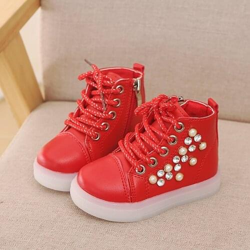 Baby Girls Boys Autumn Winter Casual Children Shoes LED Light Lamp Rhinestone Pearl High Shoes Casual Baby Girls' Shoes
