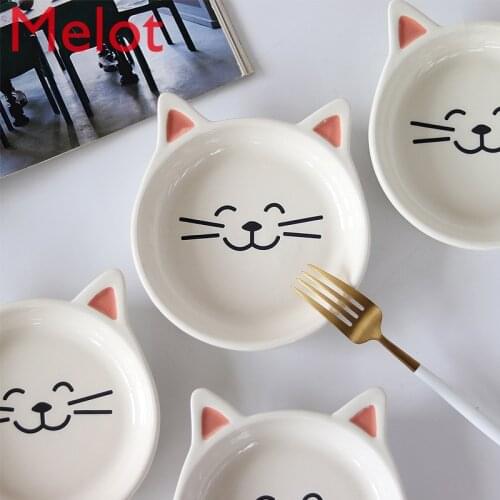 Hand-Painted Cat Ceramic Plate Underglaze Home Hot Dishes Plate Dim Sum Breakfast Plate Small Bowl Plate