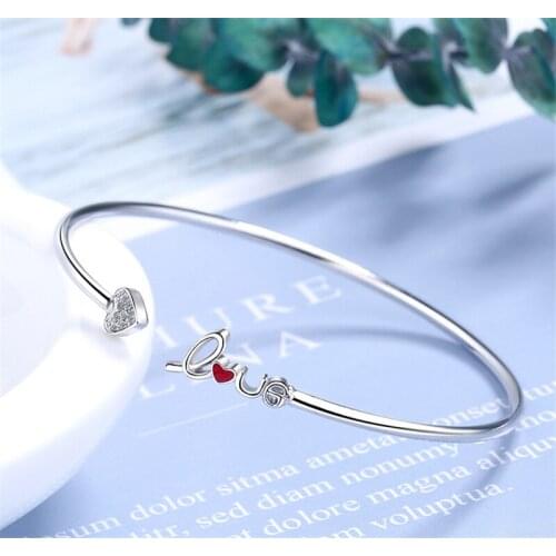 S925 Pure Silver Bracelets & Bangles For Women Zircon Heart LOVE Letter Cuff Bangles Adjustable Pulseira Femme 2020 New Jewelry