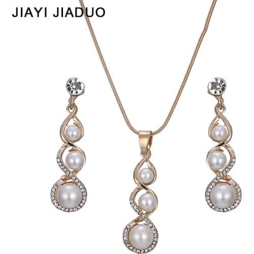 Jiayijiaduo Bridal necklace earrings for women jewelry sets imitation pearl pendant gold color Mothers Day gift Love 966