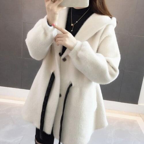 Women 2020 Autumn Winter Imitation Mink Cashmere Knitted Cardigans New Female Sweater Coats Hooded Casual Warm Outerwear G546