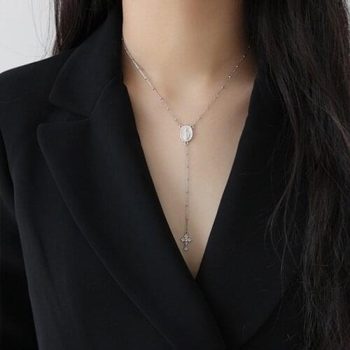 Novel S925 pure silver Virgin Mary coin choker necklaces,beads chain Jesus cross Pendant necklace for women,party Anniversary