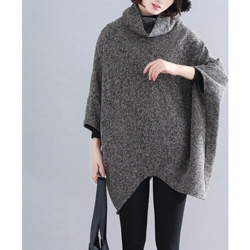 Oversize Womens Woolen Coat 2019 Autumn Winter Irregular High Collar Cloak Top Ladies Large Size Loose Pullover Wool Tops W1449