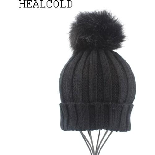 Winter Kids Cap Boys Girls Faux Fur Pompom Hats For Children Baby Warm Crochet Skullies Beanies