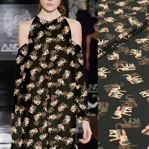 140CM 16MM Elephant Print Thin Black Crepe De Chine Fabric for Summer Dress Skirt Shirt Scarf Pants J137