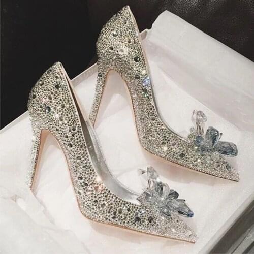 2020 New Rhinestone High Heels Cinderella Shoes Women Pumps Pointed toe Woman Crystal Wedding Shoes 5cm 7cm 9cm heel big size