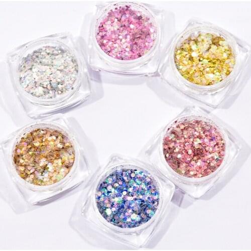 6 Colors Nail Art Hexagon Sequins Shining Flakes For Fingernails Hexagon Designs,Gold/Silver Rainbow Nails Art Decor Holo Flake