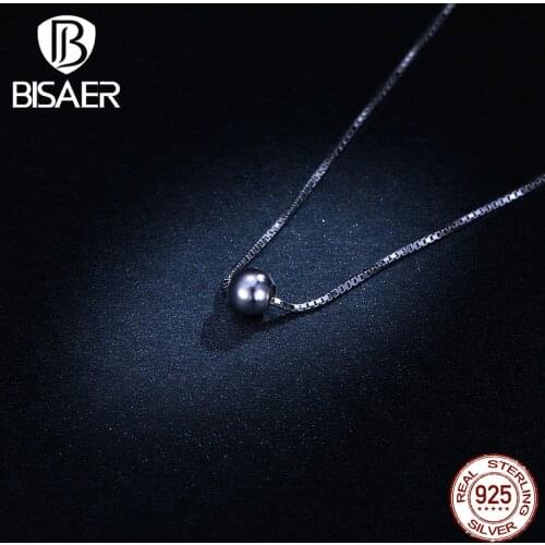 BISAER Round Collar 925 Sterling Silver Small Circle Pendant Necklaces for Women Coin Simple Fashion Necklace Jewelry EFN097