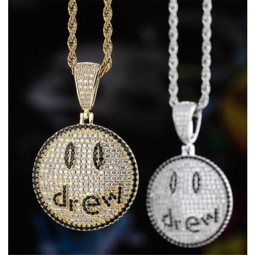 Hip-hop Trend Drew Smile Face Pendant Necklace High Quality Micro Inlaid Zircon Street Personality Necklace