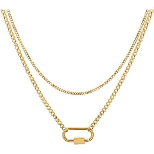 Dainty Geometric Cuba Specific Oval Buckle Double Layered Clavicle Multi Necklaces Women Gold Stainless Steel Buckle Jewelry