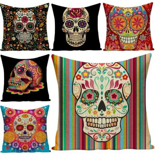 Halloween colorful skull pillow cover 18x18 inch high quality linen-cotton cushion cover car sofa home decoration cushion cover