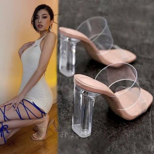 Summer Women Pumps 9cm Sexy Sandals Jelly Slippers Open Square Toe High Heels Women Transparent Slippers Shoe Heel Clear Sandals
