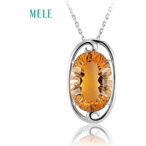MELE Natural yellow citrine silver pendant , 12mm*16mm oval shape, all clean and dark color, full fire cutting, romantic style