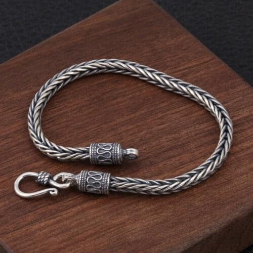 925 Sterling Silver Vintage Mens Twist Woven Bracelets Women Men Fine Jewelry S925 Solid Thai Silver Fishbone Bangle Bracelet