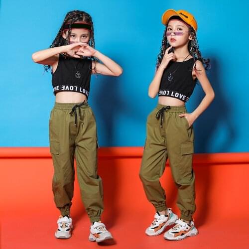 Girls Hip Hop Clothing Black Top Crop Vest Running Pants for Jazz Dance Costumes Ballroom Dancing Clothes 8 10 12 14 16 Years