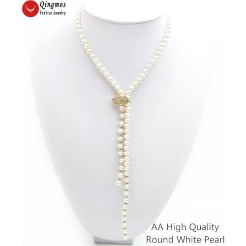 Qingmos Trendy Natural Pearl Necklace for Women with AA 6-7mm Round White Pearl Necklace Jewelry & Gold Leaf Zircon Clasp ne6514