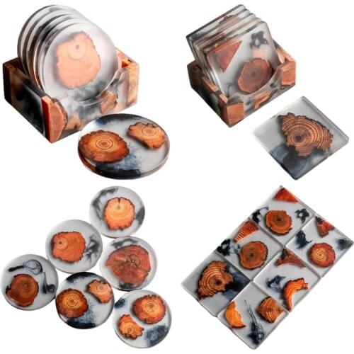 Pine Wood Resin Coasters with Holder Rack Unique Heat-Resistant Placemats Drinks Mat Waterproof Non-Slip Tea Cup Pad