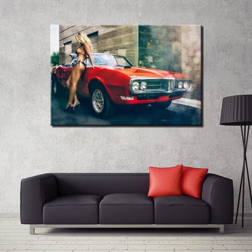 Classic Muscle Car and Sexy Girl Poster Unframed Canvas Painting Wall Art Pictures Print For Living Room Home Decor