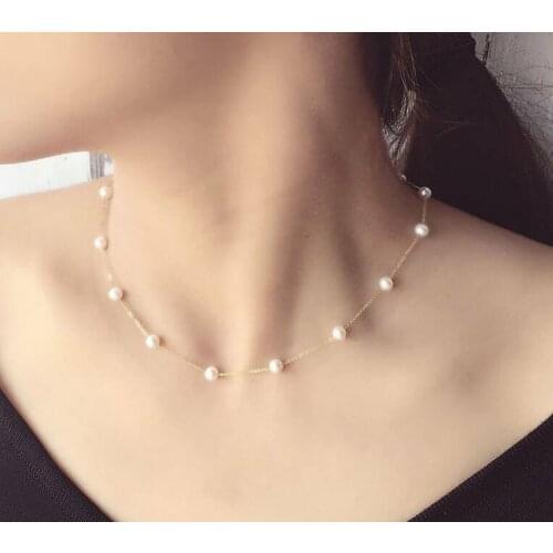 Stunning 4-5mm south sea white round pearl 18k gold necklace 18inch