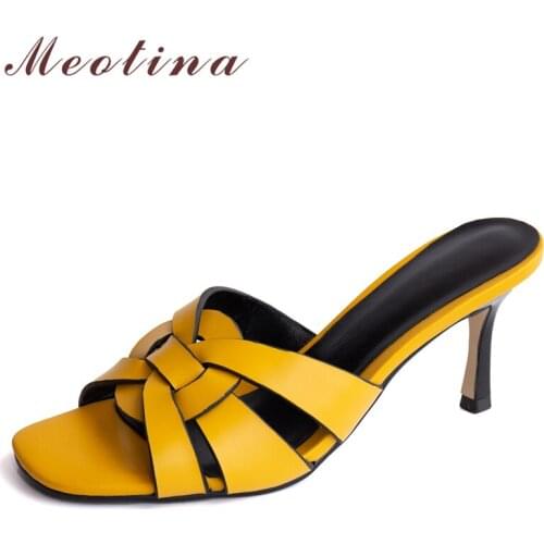 Meotina Women Sandals Genuine Leather Shoes Thin High Heels Square Toe Slides Narrow Band Slippers Summer Ladies Footwear Yellow