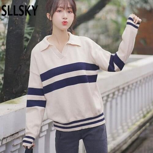 Sllsky Striped Knitted Sweater Pullovers Women Polo collar Autumn Winter New Casual Gentle Temperament Long Sleeve Sweaters Top