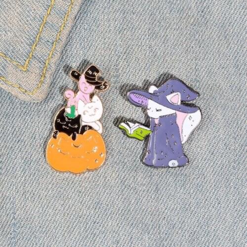 YIMUBA Happy Halloween Series Collar Pin Brooch Witch Cats Pumpkin Enamel Pins for Kids Friends Denim Shirt Decorated Badge Gift