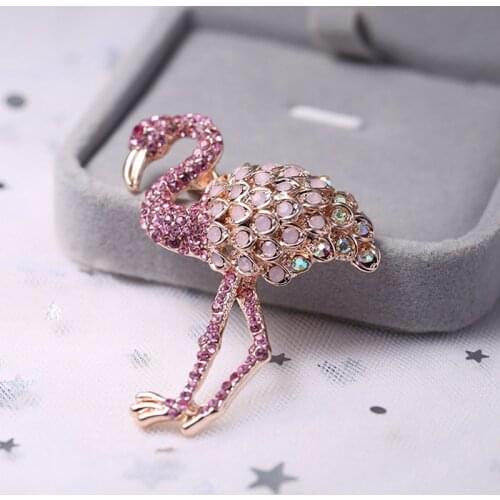 Luxury Flamingo Brooches For Women Party Wedding Jewelry Pink Crystal Paved Rose Gold Metal Large Animal Bird Brooch