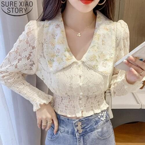 Autumn Long Sleeve Print Shirt Women Tops Sweet Floral Peter Pan Collar Lace Blouse Elegant Beaded Hollow Casual Clothes 17051