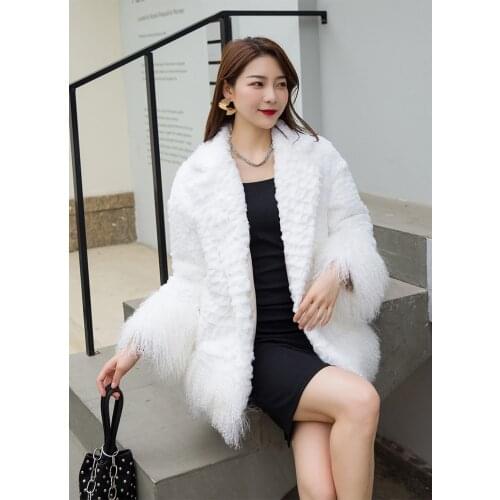 Womens Real genuine natural rabbit fur coat with mongolia sheep fur hem and cuffs lady fashion English-collar jacket outwear