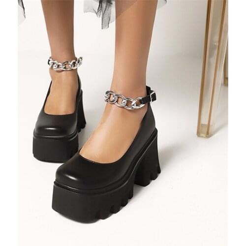 PXELENA 35-43 Street Metal Chain Punk Gothic Shoes Women Chunky Platform High Heels Thick Sole Pumps Ankle Strap Cosplay Black